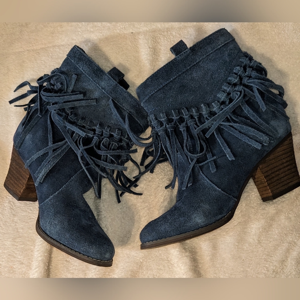 Womens Sbicca Blue Suede Fringe Booties, Boho, Festival, Sz 7